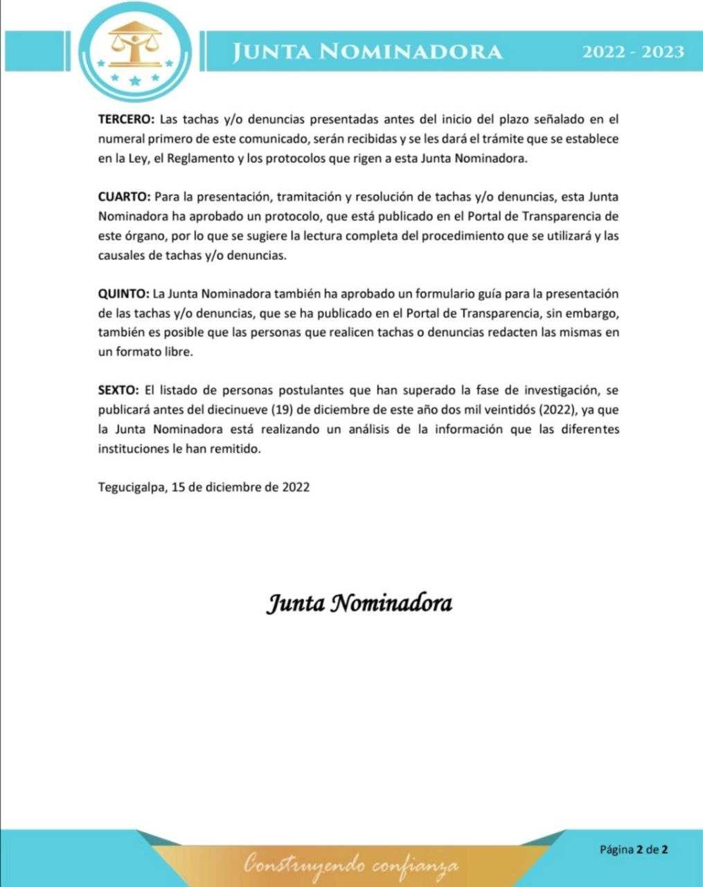 Comunicado sobre el proceso de tachas y denuncias